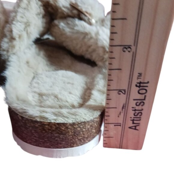 Fitory Faux Fur  Open-Toe Slide Slippers W/ Adjustable Strap Camel Sz 6 - Picture 8 of 8